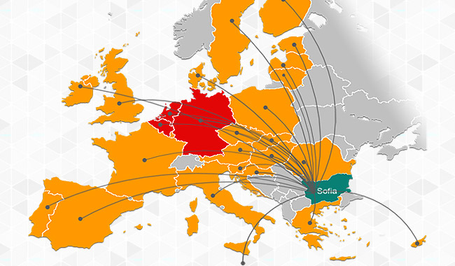 Map of Europe showing routes from Sofia to other cities.