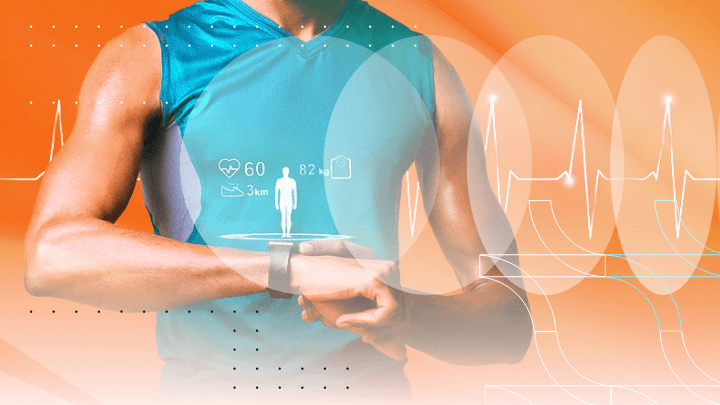 Man wearing a smartwatch showing heart rhythm and health data.