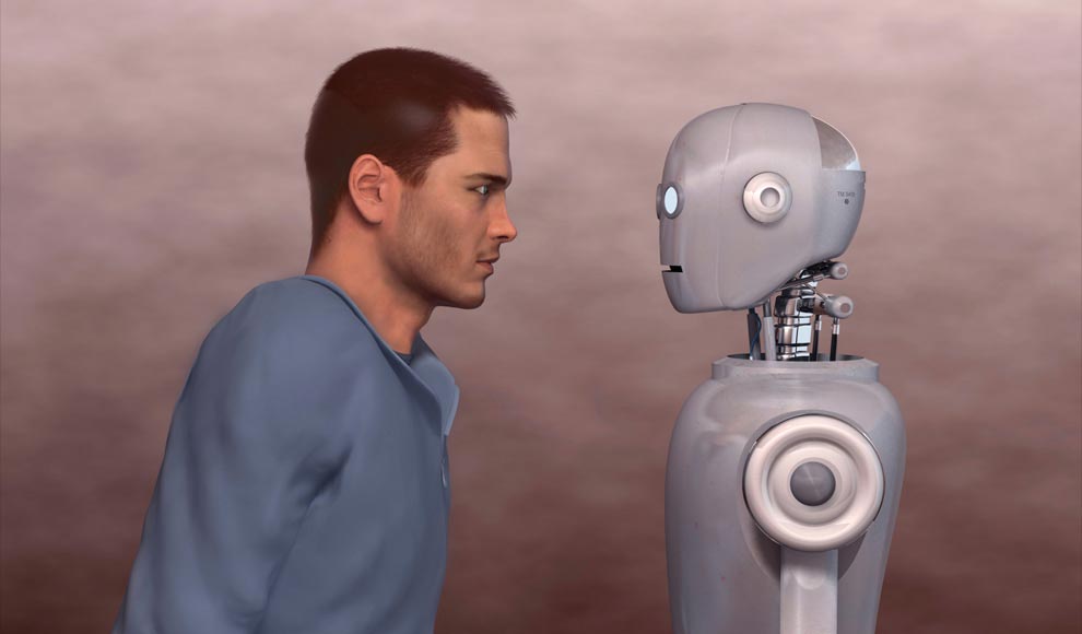Man looking at a humanoid robot.
