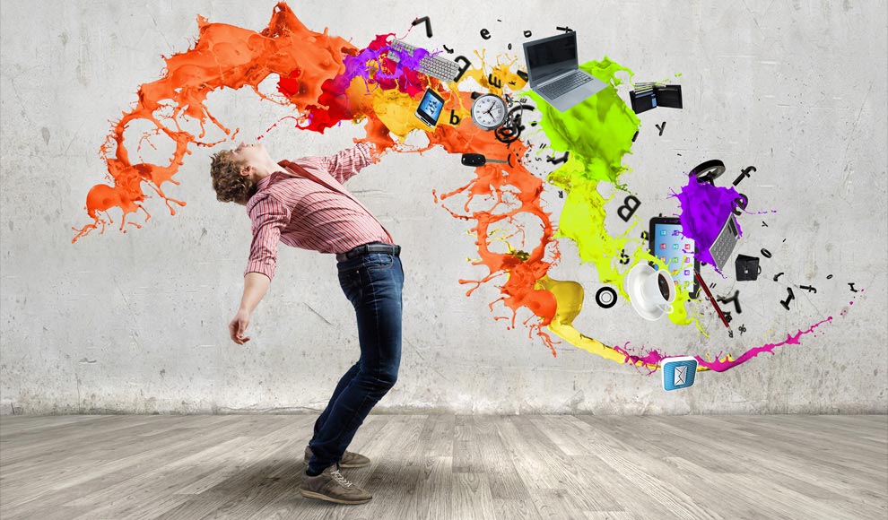 Person with colorful splashes of various objects coming out of their head.