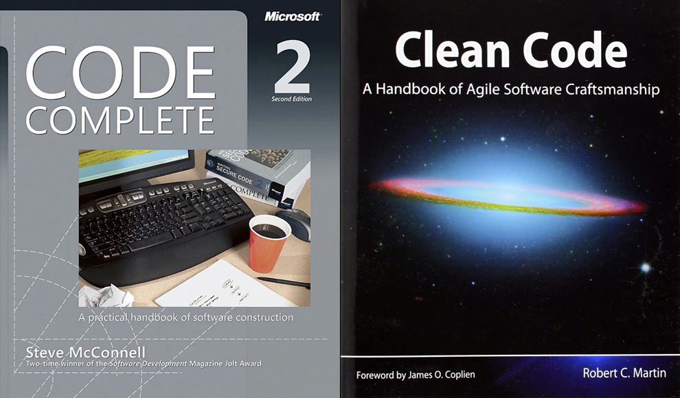 Covers of the books Code Complete 2 and Clean Code.