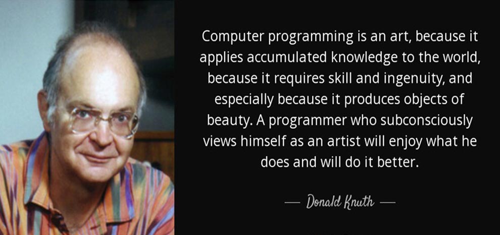 Portrait of Donald Knuth with a quote about the art of programming.