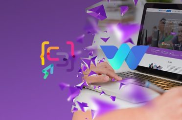 Person working on a laptop with abstract shapes and a logo emerging from the screen.