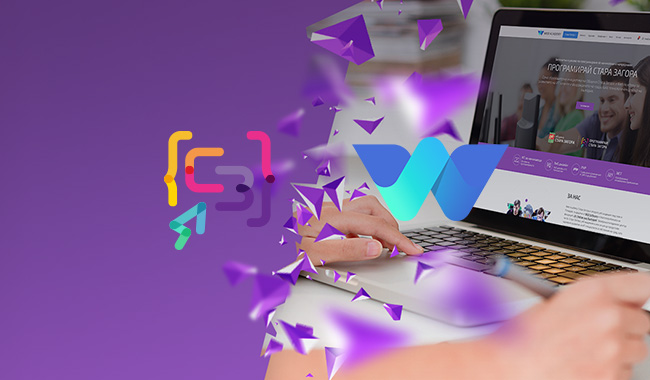 Person working on a laptop with abstract shapes and a logo emerging from the screen.
