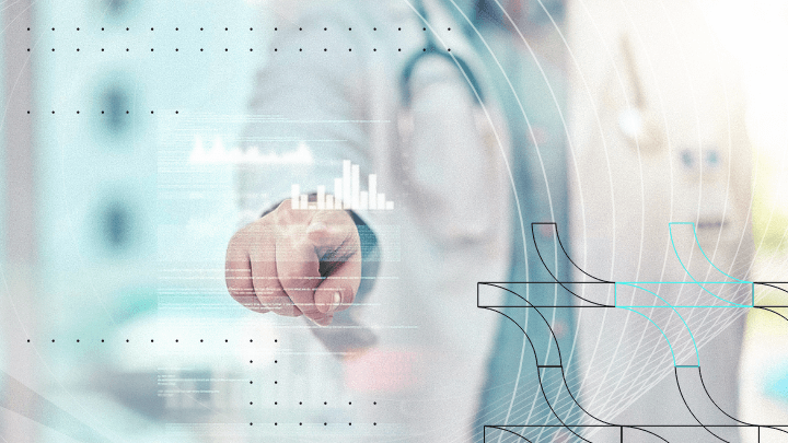 Medical professional interacting with a holographic screen displaying data and charts.