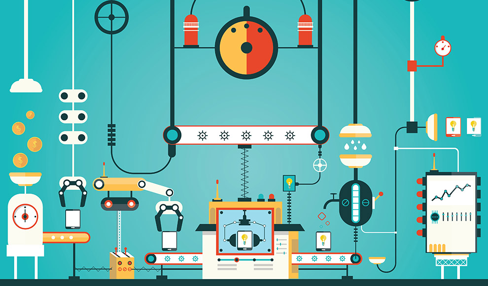 Illustration of a production line manufacturing electronic devices.