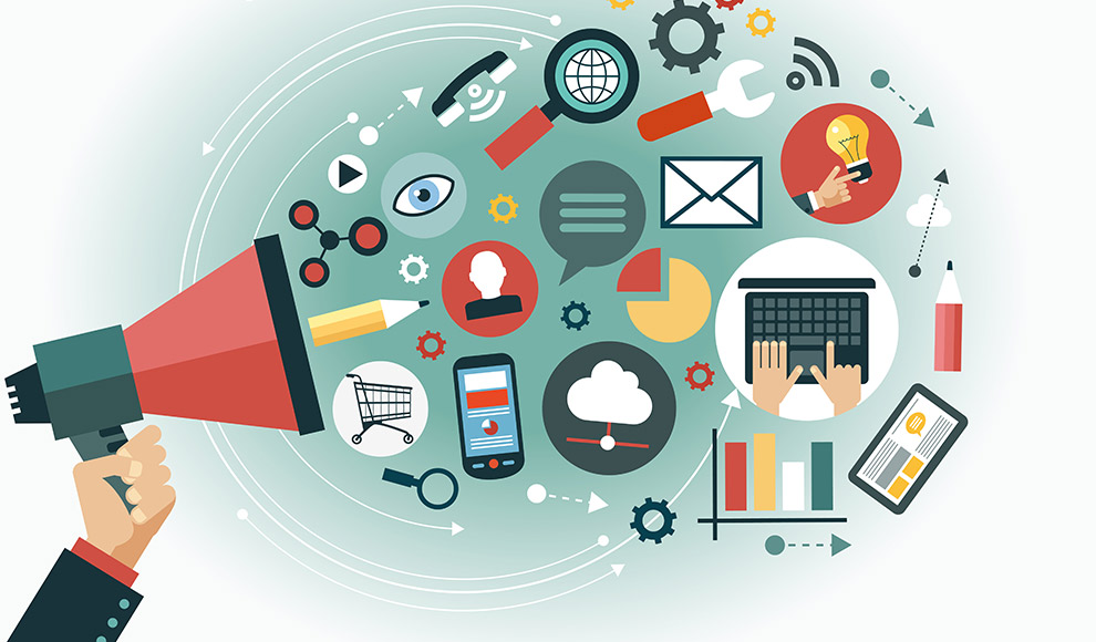 Illustration of a megaphone emitting digital icons.