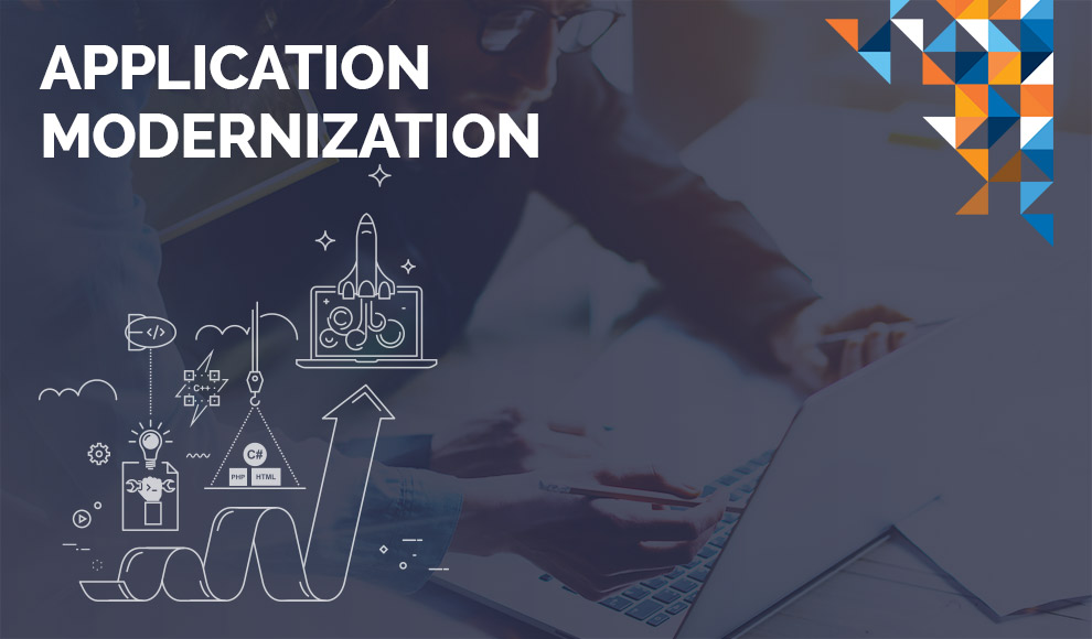 Illustration of application modernization with a person working in the background.
