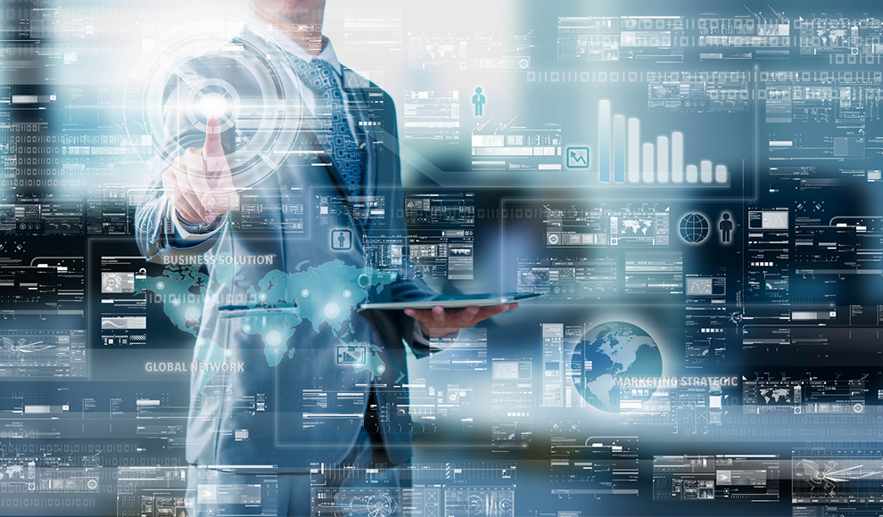 Businessman touching a virtual screen with data and charts.