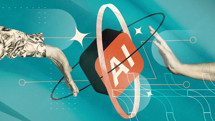Two hands reaching toward an icon representing artificial intelligence.