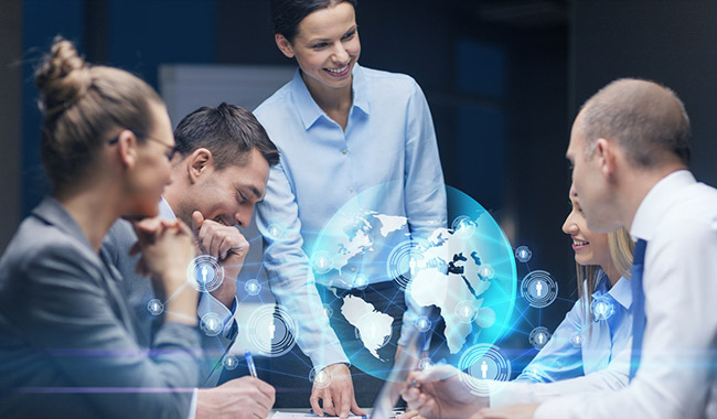 Group of businessmen discussing a global project with a holographic world projection in front of them.