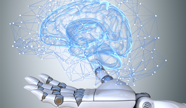 Robot hand holding a glowing brain connected to a network.
