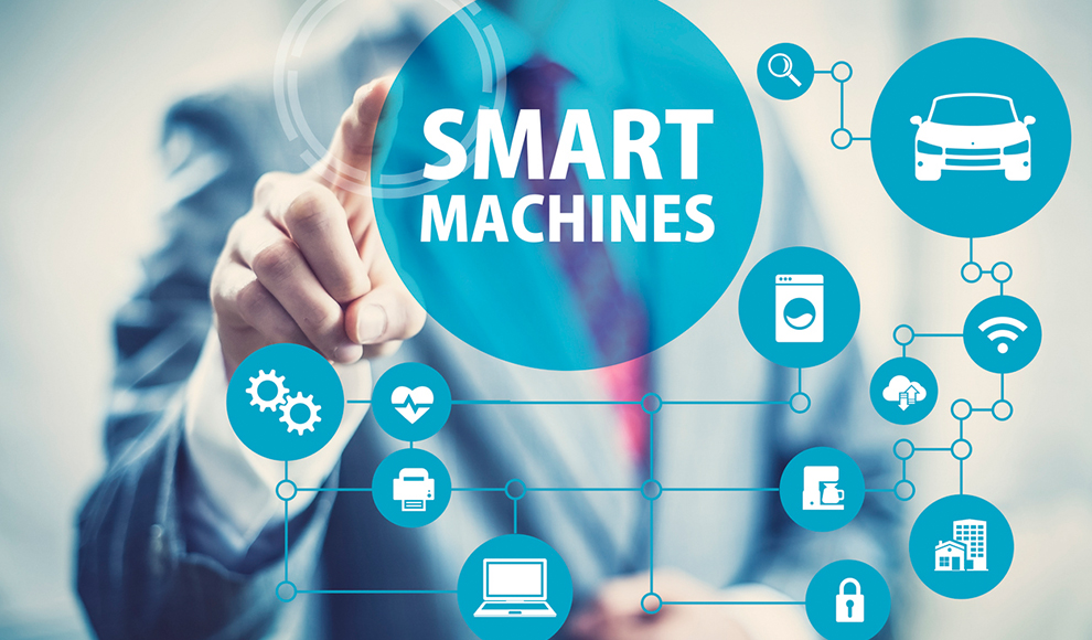 Man touching a screen with the text “SMART MACHINES” and icons.
