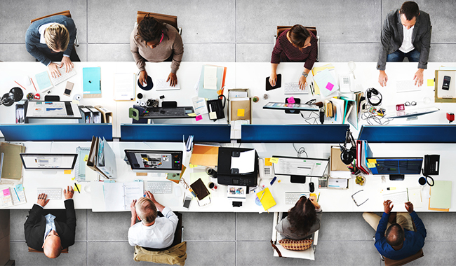 People working at desks in a large office.