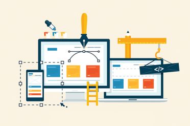 Illustration of web design and development on various devices.
