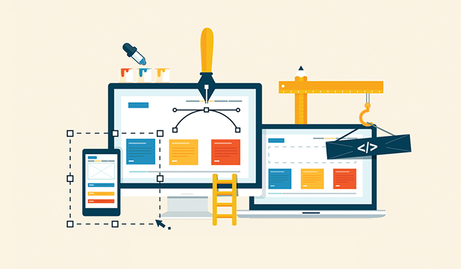 Illustration of web design and development on various devices.