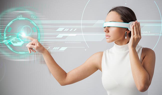 Woman wearing futuristic glasses interacting with a virtual interface in the air.