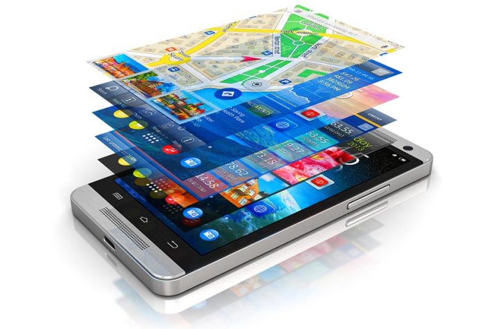 Illustration of a smartphone with layered apps emerging from the screen.