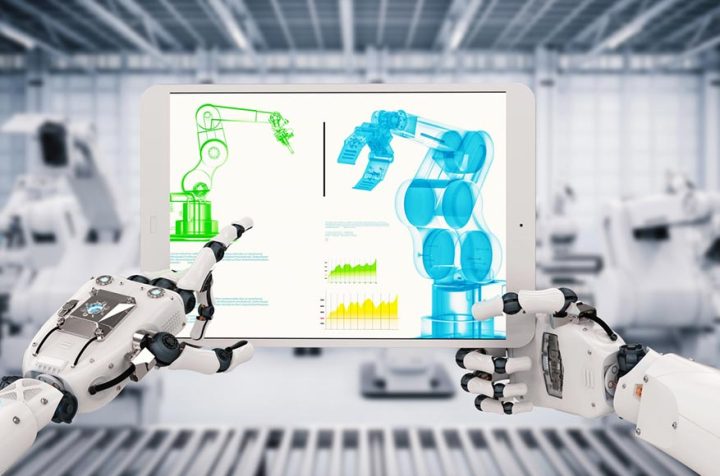 Robotic hands holding a tablet displaying a 3D model of a robot.