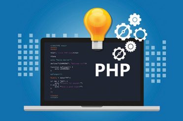 Illustration of a laptop with PHP code, a lightbulb, and gears.