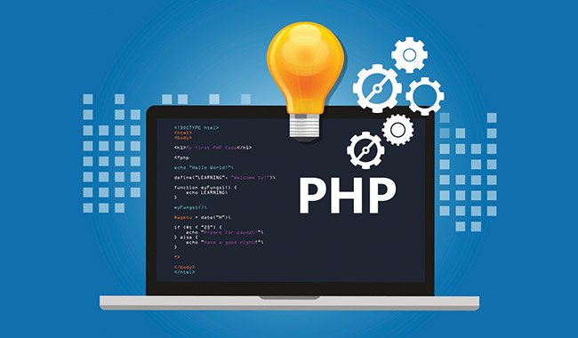 Illustration of a laptop with PHP code, a lightbulb, and gears.