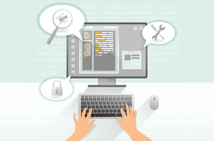 Illustration of programming with hands typing on a keyboard and looking at a monitor.