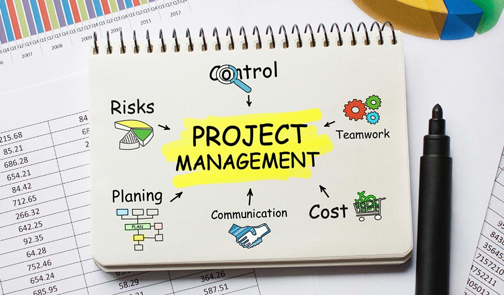 Sketch of a project management notebook with key aspects.