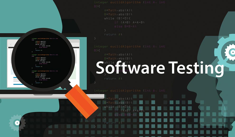 Illustration of software testing with code, a magnifying glass, and a head silhouette.