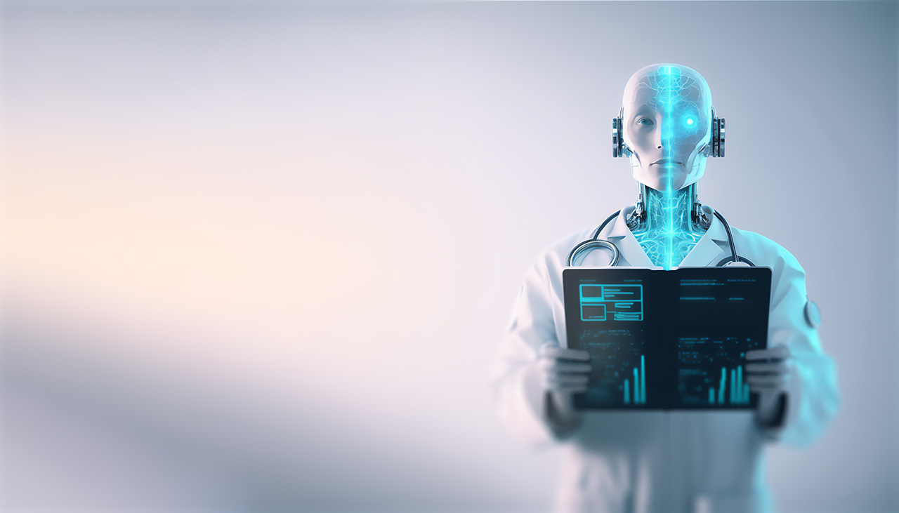 Robot doctor with a stethoscope holding a tablet displaying medical data.