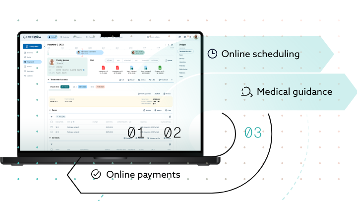 Laptop screen showing medical software with online payments and consultations.