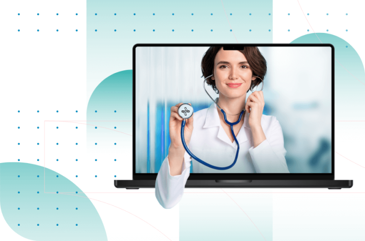 Smiling female doctor showing a stethoscope on a laptop screen.