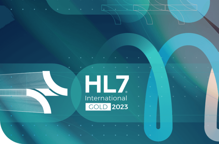 Logo of HL7 International GOLD 2023 on an abstract blue and green background.