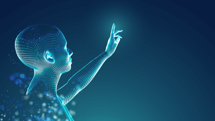 Profile of a woman with a mesh structure reaching toward light.
