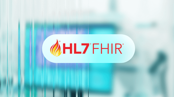 HL7 FHIR logo with a flame on a blurred medical background.