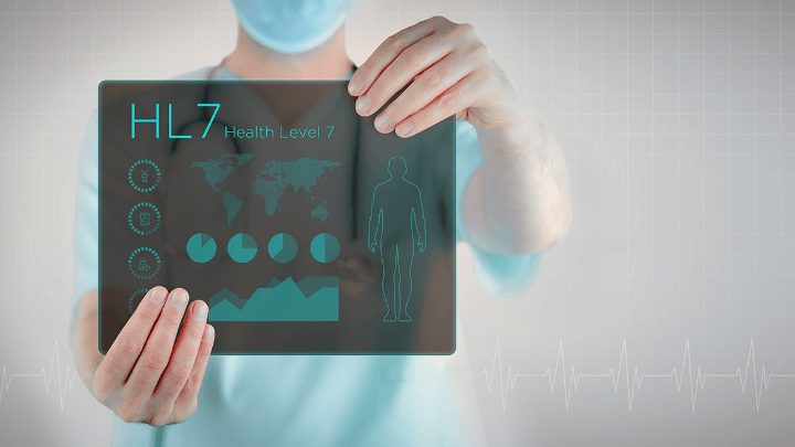 Doctor holding a transparent screen displaying patient medical data and HL7.