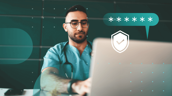 Medical professional with a laptop, illustration of data protection.