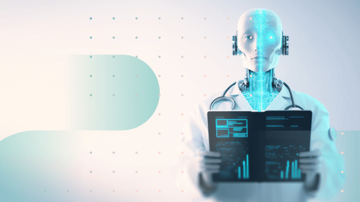Robot doctor with a tablet displaying medical data.