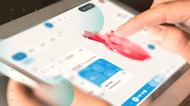 Hand interacting with a heart health app on a tablet.