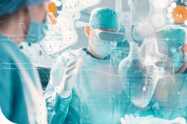 Surgeons using AR glasses displaying a hologram of an organ during surgery.