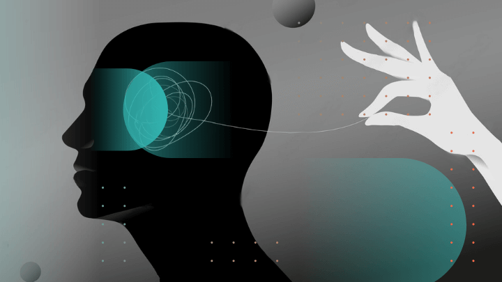 Abstract illustration of a human head and hand connected to consciousness.