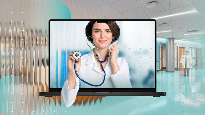 Collage of a doctor with a laptop holding a stethoscope.
