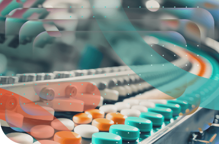 Conveyor belt with multicolored pills.