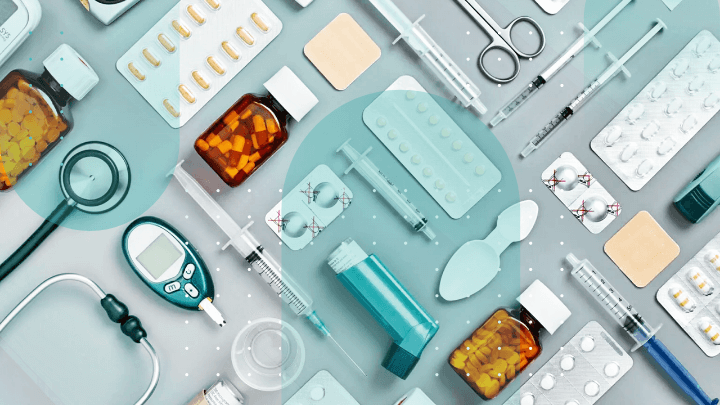 Assortment of medical supplies, medications, and instruments.