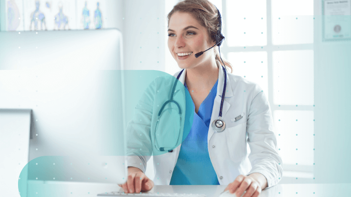 Doctor with headset and stethoscope consulting online with a patient.
