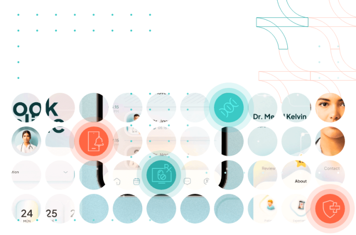 Medical app on a screen with icons for healthcare services.