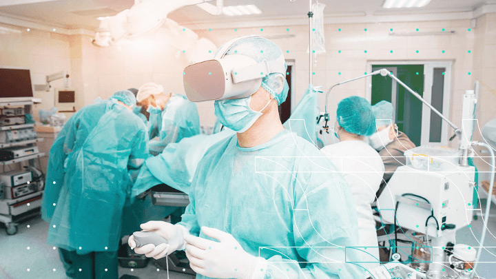 Surgeon wearing a VR headset in an operating room.