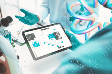 Two scientists in a laboratory reviewing an application on a tablet, with a 3D DNA model in the background.