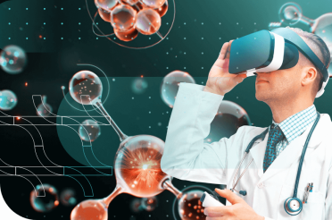 Doctor using VR headset to explore molecular structures.