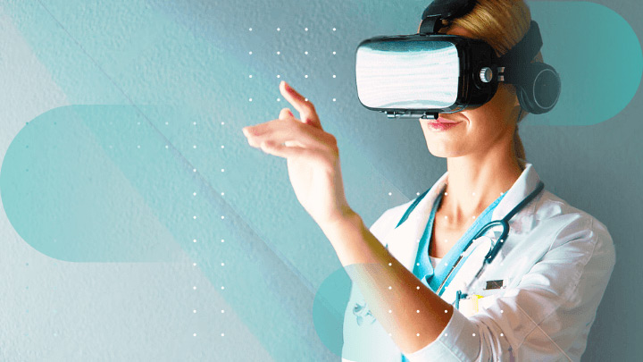 Female doctor wearing a VR headset while working.