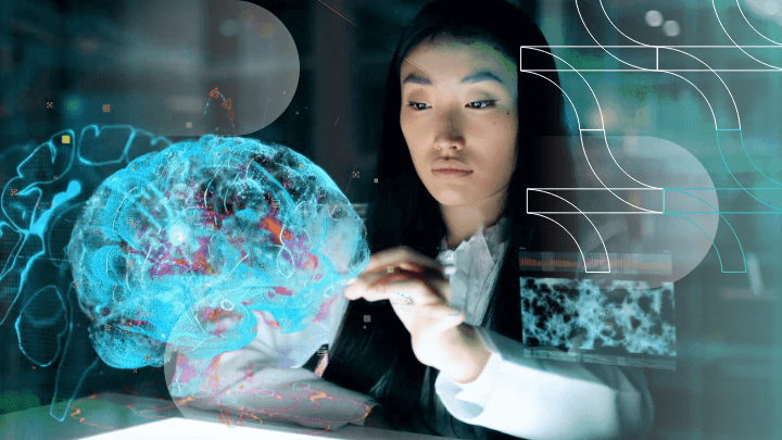 Female scientist analyzing a 3D hologram of a brain.